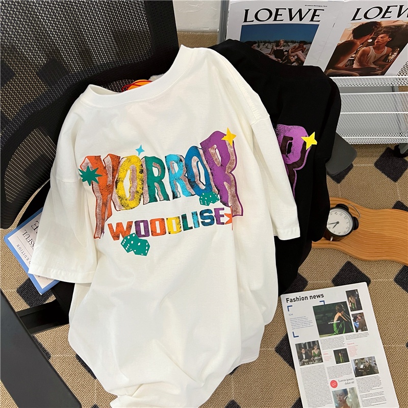 Áo Thun Nữ Ngắn Tay Cổ Tròn In Chữ Phong Cách Hàn Quốc Mới