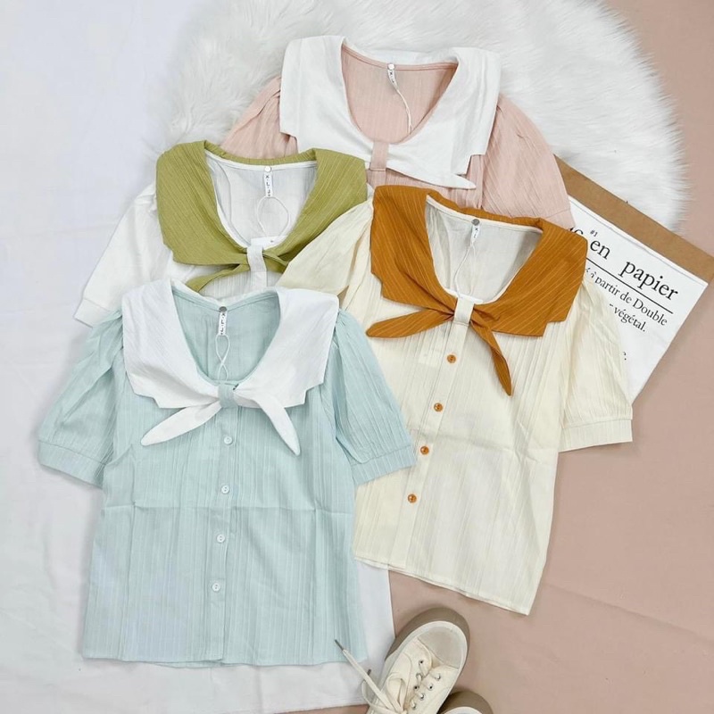 Áo sơ mi phối cổ vải xốp gân siêu dễ thương