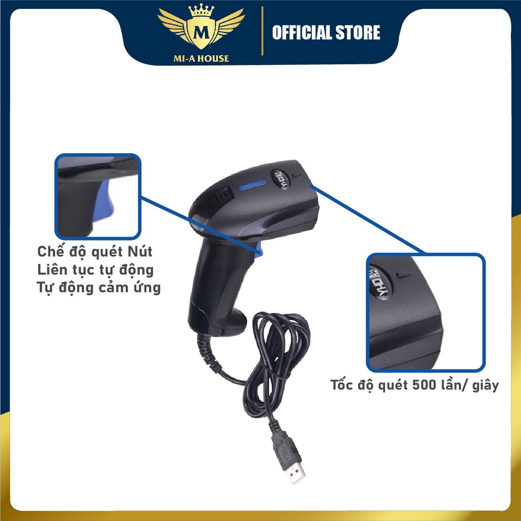 Máy quét mã vạch Qrcode YHD 1100D (2D) có dây - Máy bắn mã vạch 2D có dây cắm cổng USB kết nối Máy tính