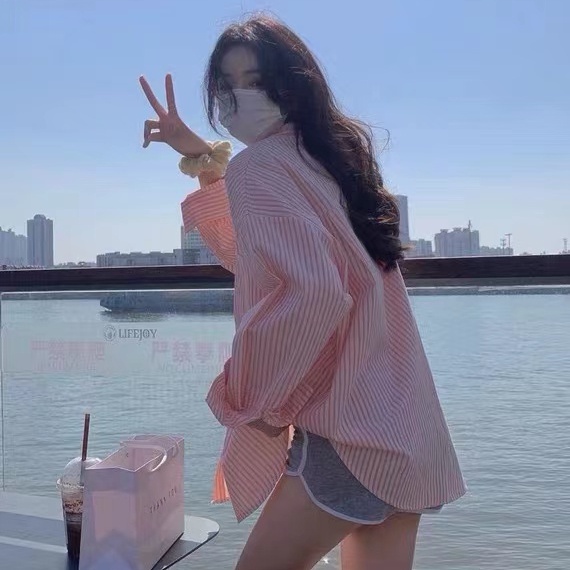 Áo sơ mi SUXI tay dài kẻ sọc dáng rộng thời trang Hàn Quốc cho nữ