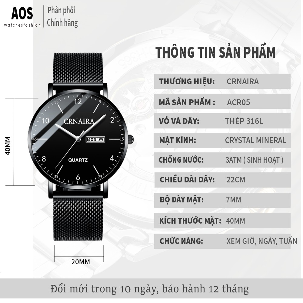 Đồng hồ nam Crnaira CR05 chính hãng, siêu mỏng chỉ 7mm ( Tặng kèm vòng tỳ hưu, tháo mắc) | BigBuy360 - bigbuy360.vn