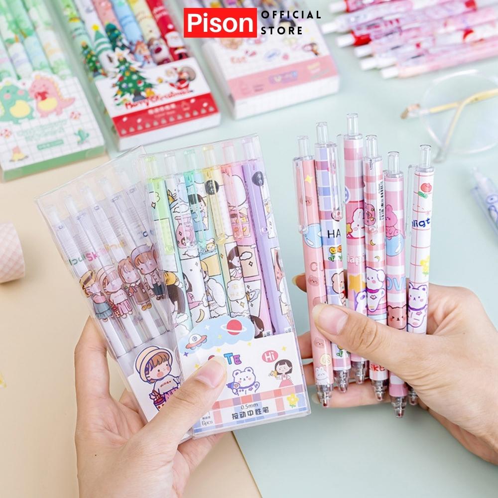 Set 6 Bút Gel bấm hoạt hình ngộ nghĩnh Mực đen 0,5 Pison Hộp bút bi nước mực gel cute văn phòng phẩm
