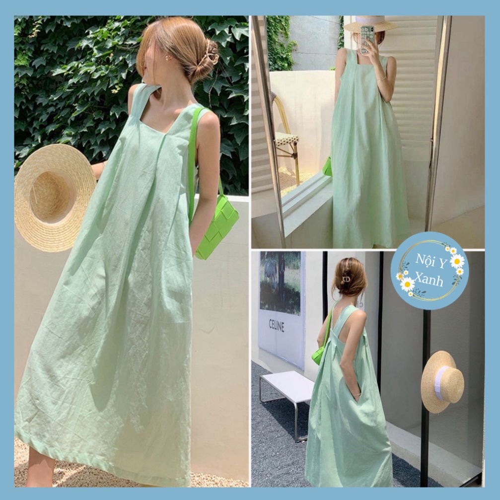 Đầm 2 dây bản to dáng dài, váy bầu bí đi biển phom rộng màu xanh lá cây mát mẻ hàng đẹp trendy - nội y xanh