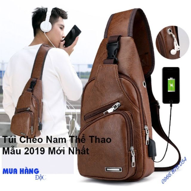 [Túi Nam Hot] Túi chéo vai nam mẫu 2019 da PU sử dụng cho sạc USB và tai nghe tiện dụng màu nâu