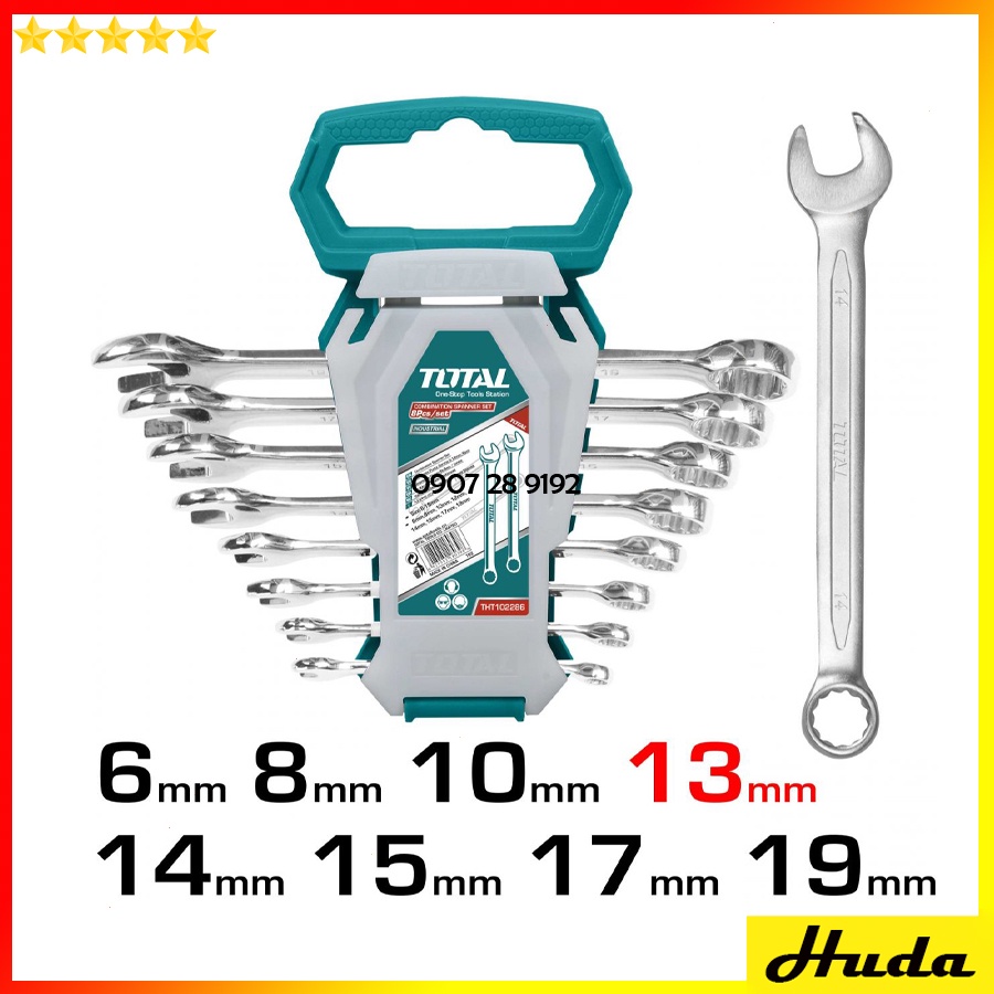 Bộ 8 cờ lê vòng miệng 2 miệng 2 vòng 6-22mm Total Ingco sơn bóng chất liệu Cr-V chắc chắn