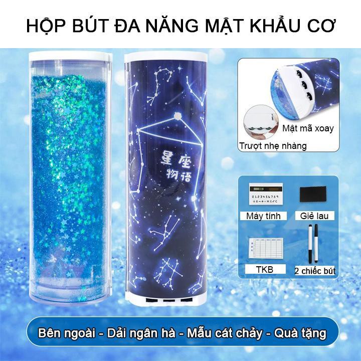 Hộp bút đa năng có MẬT KHẨU CƠ  thông minh kèm Máy tính + 2 chiếc bút + Gương soi + Giẻ lau bảng