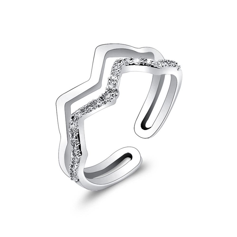 Nhẫn mở thiết kế sóng đôi khảm đá zircon thời trang