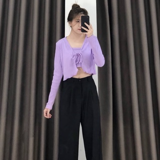 Set croptop không cuốn biên tay dài yayshop chất thun gân nữ tính