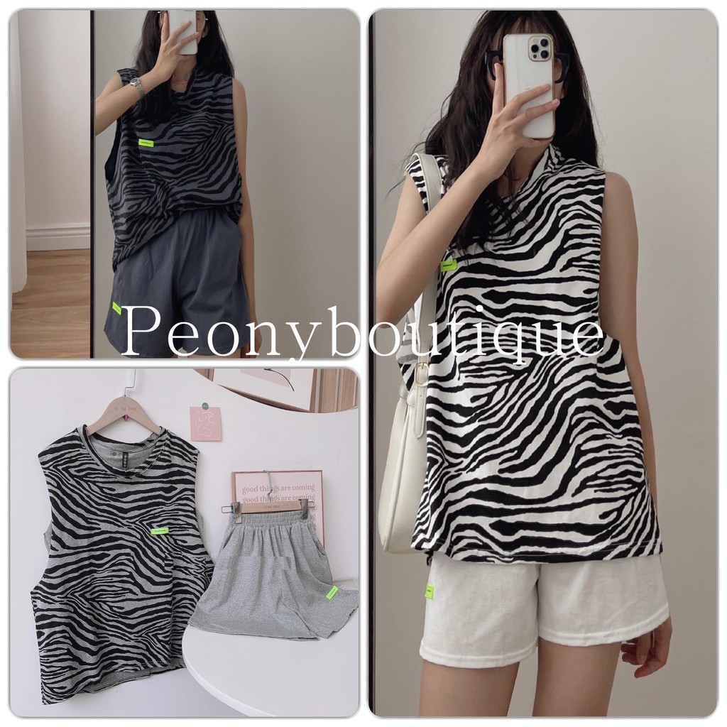Set Tanktop Ngựa Vằn PEONYB Nữ [FREESHIP]  Bộ quần short đùi áo ba lỗ họa tiết loang trắng đen cá tính Ulzzang