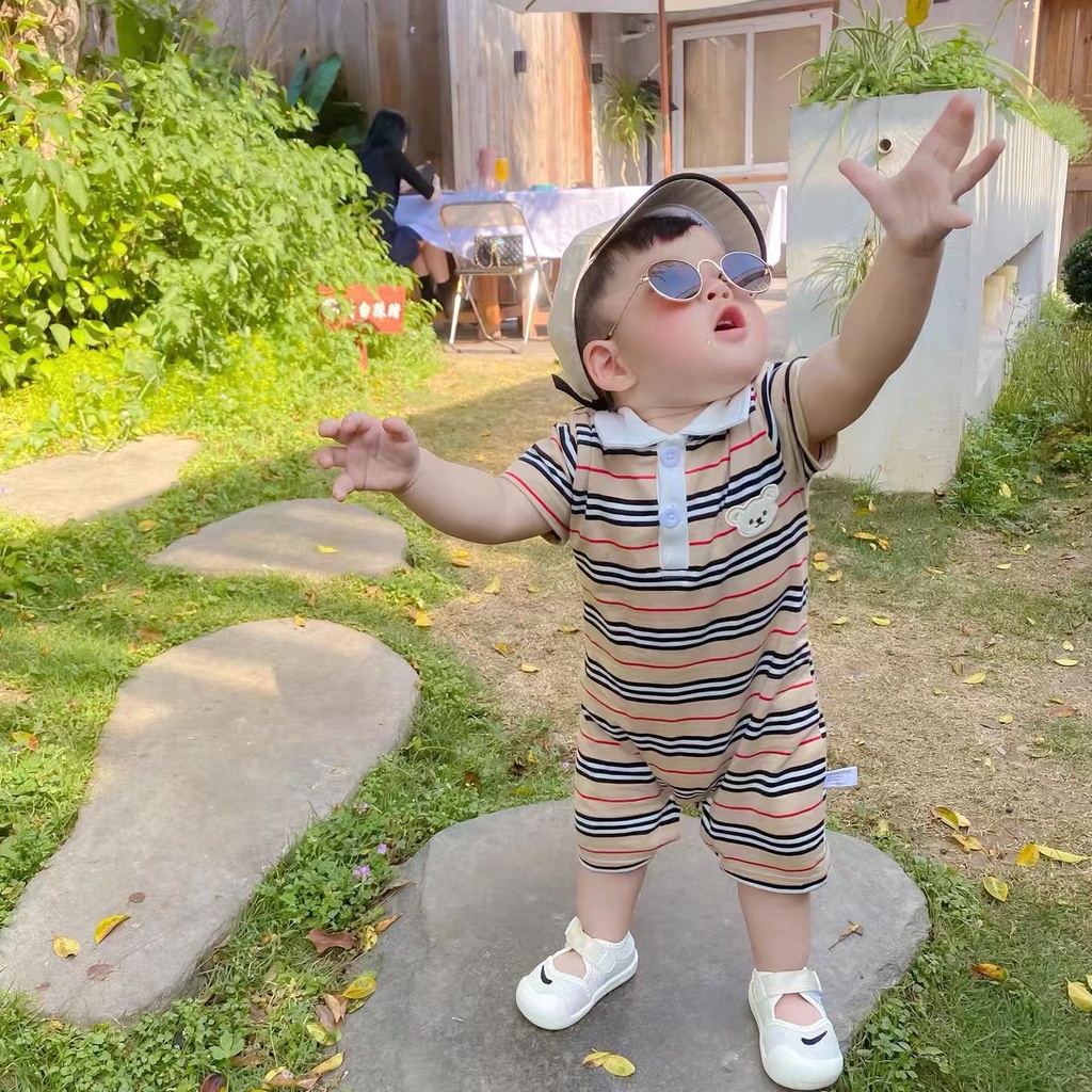 Áo Liền Quần Tay Ngắn Họa Tiết Sọc Và Gấu Hoạt Hình Dễ Thương Cho Bé Trai 0-2 Tuổi