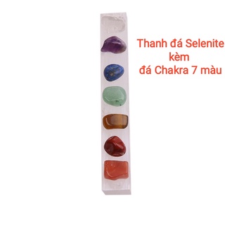Selenite Chakra Stone, Thanh đá Selenite kèm đá 7 màu chakra, Đá Thô Thanh Tẩy Chakra Năng Lượng Reiki