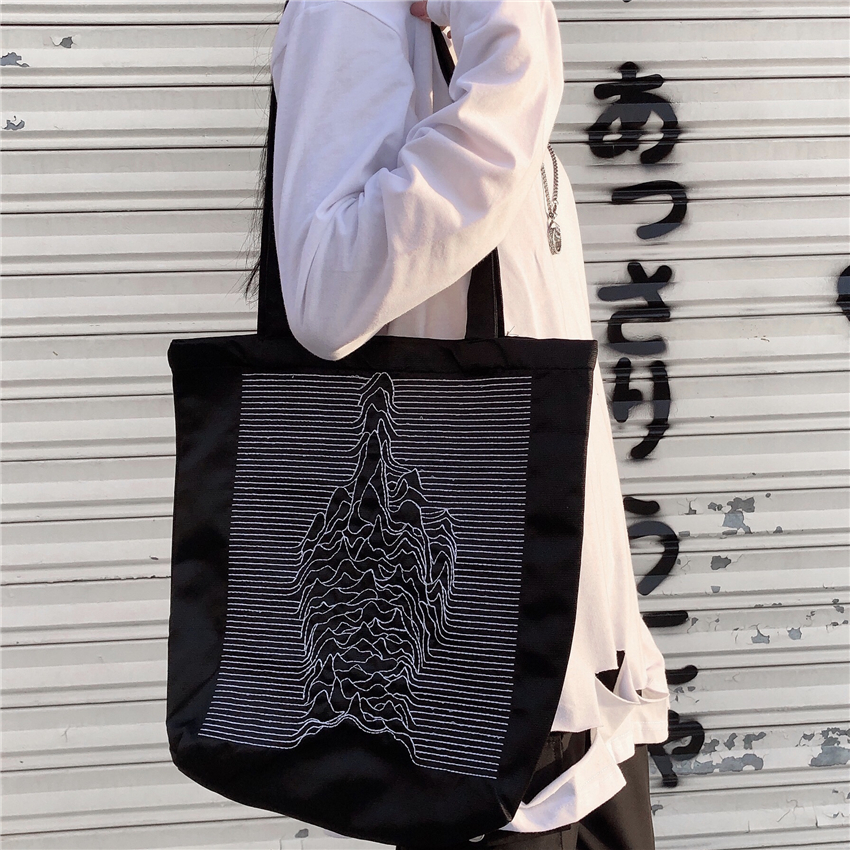 Túi tote đeo vai bằng canvas thêu hình ngọn núi màu đen đơn giản cá tính 22004