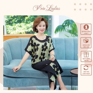 Đồ bộ nữ trung niên, Áo voan cánh dơi cổ tròn hai màu, quần cát ống rộng V'vie Ladies