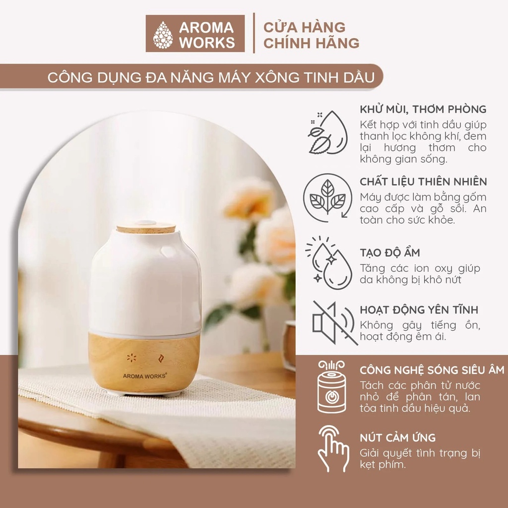 Máy xông tinh dầu Aroma Works xông phòng làm đèn ngủ, giúp khử mùi, đuổi muỗi, thanh lọc không khí, dễ ngủ