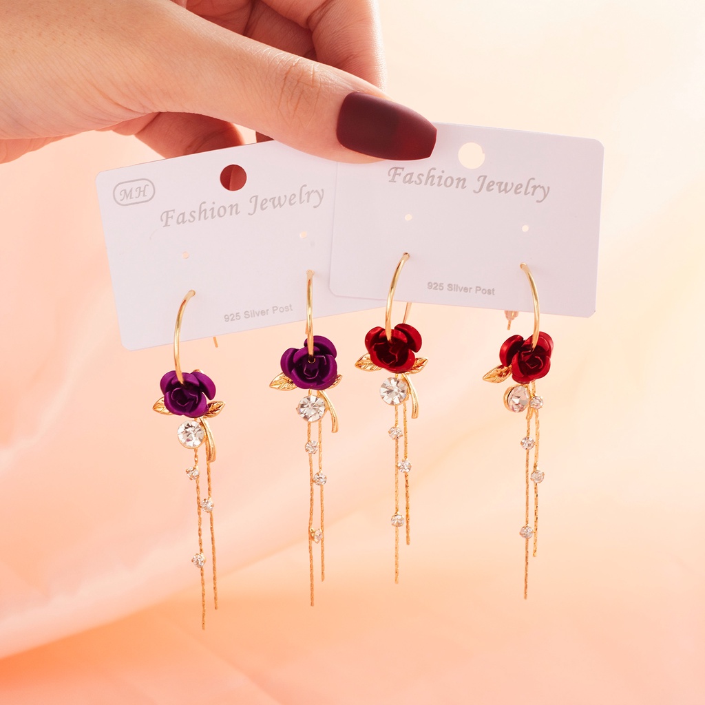 Bông tai RINHOO dáng dài hình hoa hồng đính đá phối tua rua thời trang cho nữ