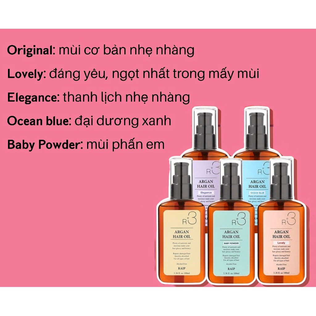 Dầu Dưỡng Tóc Raip R3 Argan Hair Oil 100ml làm mềm mịn tóc, hương thơm lôi cuốn, không chứa cồn - MnB Store