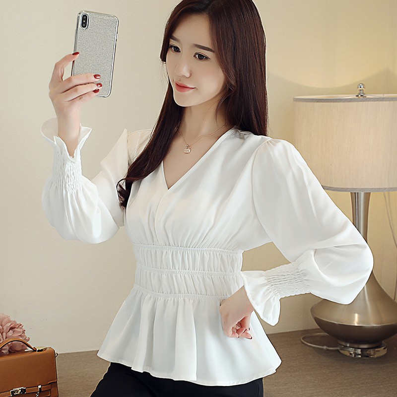 Korean V Neck Fashion Casual Peplum Top Women Autumn Long Sleeve Ruffle Chiffon Blouse White Red