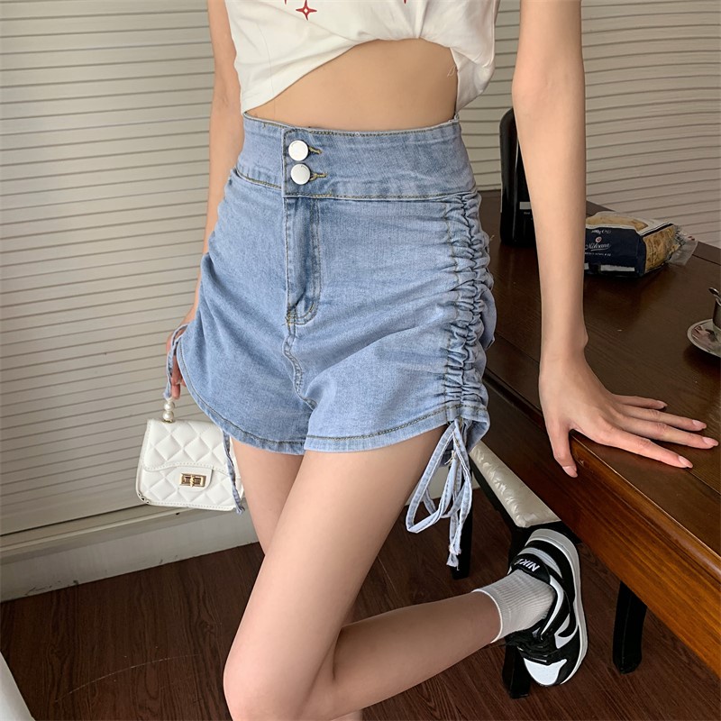 Quần jean IELGY màu đen mỏng phối dây rút phong cách mùa hè cho nữ