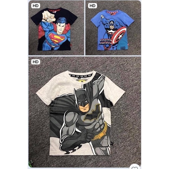 Set 3 áo thun cotton siêu anh hùng trẻ em, áo phông ngắn tay cổ tròn batman, người nhện, siêu nhân mềm mịn, thoáng mát