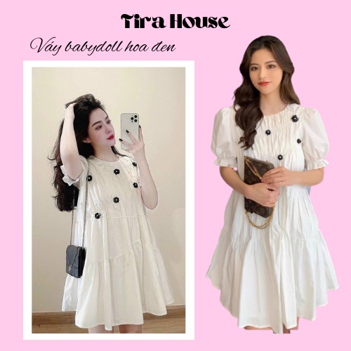 Váy babydoll cổ tròn đính hoa đen, đầm bầu dáng suông rộng ngắn thích hợp đi chơi - HN982