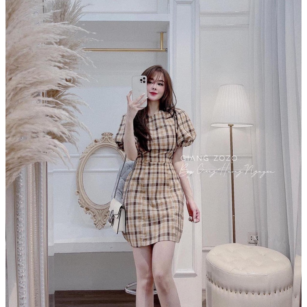 váy đầm nữ kẻ karo tay bồng dáng A hot trend