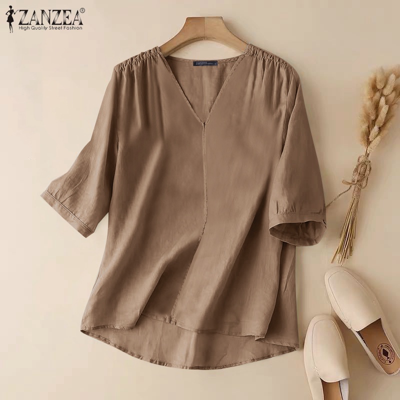 Áo sơ mi ZANZEA tay lửng cổ chữ V màu trơn phong cách vintage dành cho nữ