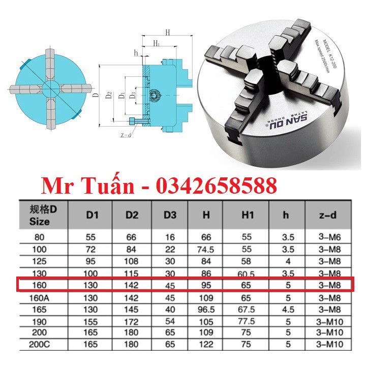 Mâm cặp K12-160 đường kính 160mm