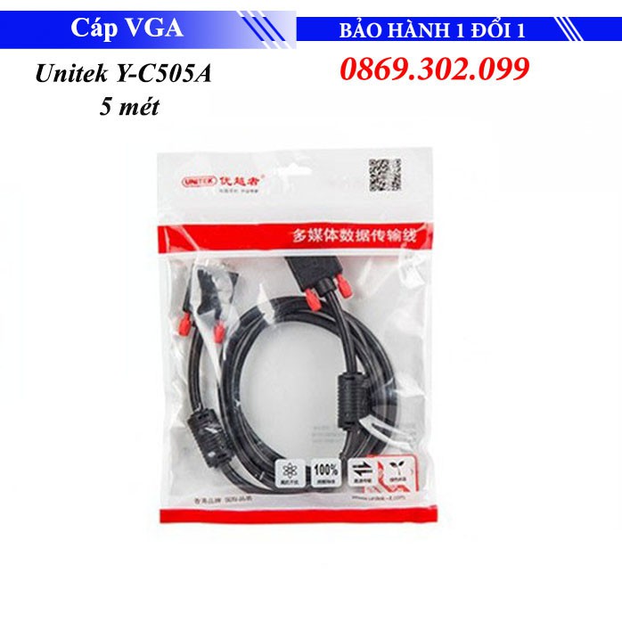 Cáp VGA Unitek Y-C505A dài 5m -  Tín hiệu không bị nhiễu, cho hình ảnh sắc nét