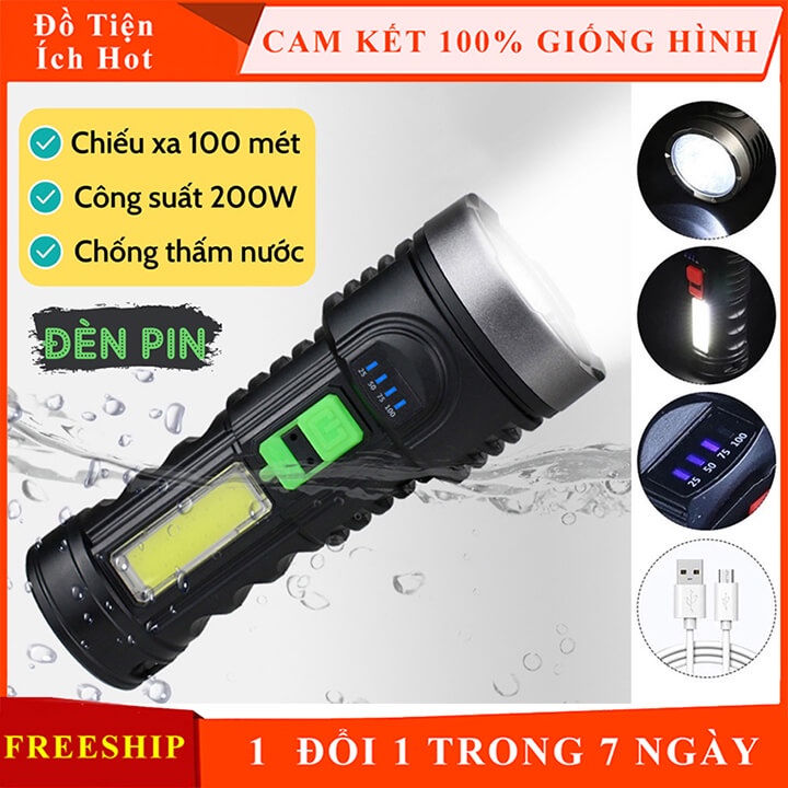 Đèn pin cầm tay siêu sáng chiếu xa L822, đèn pin Led sạc tích điện có COB phụ chống thấm nước, Đèn bin 4 chế độ