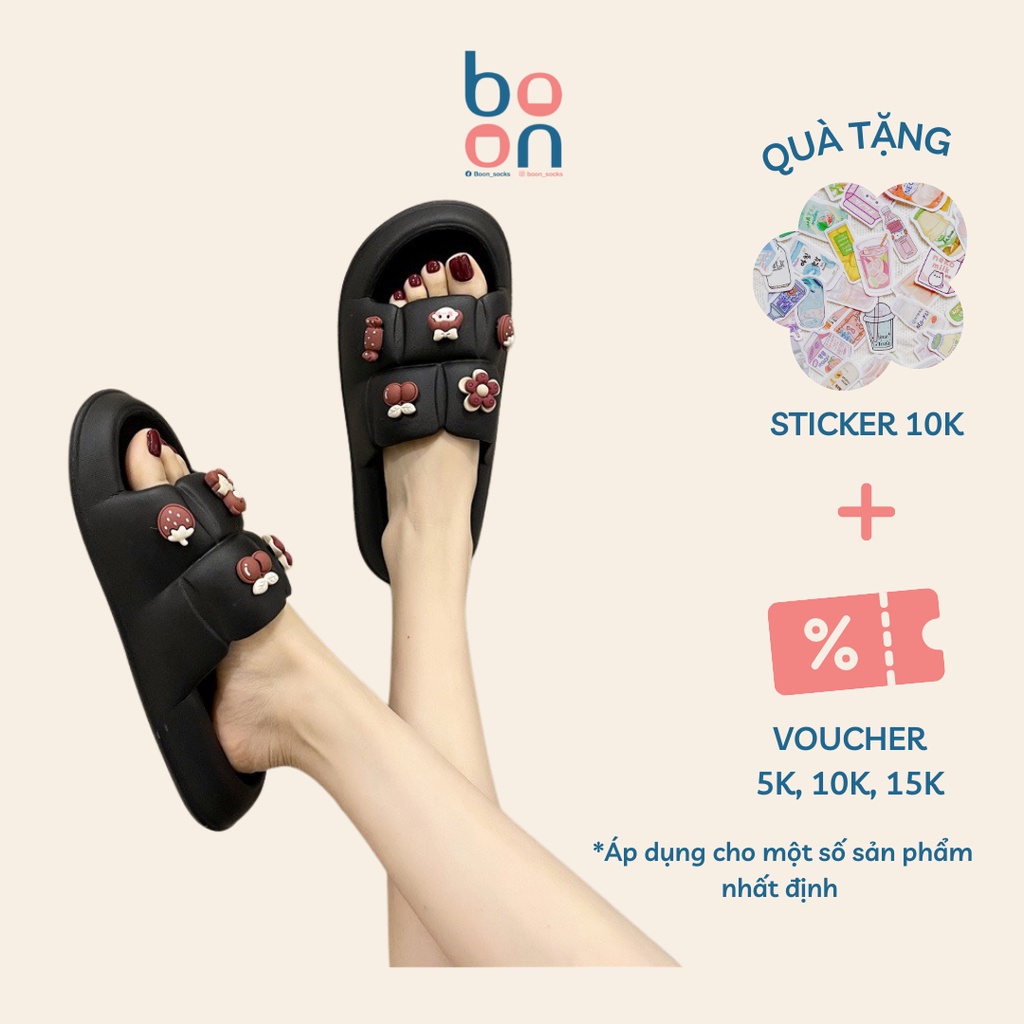 Dép bánh mỳ nữ, dép quai ngang gắn sticker hoạt hình siêu đáng yêu