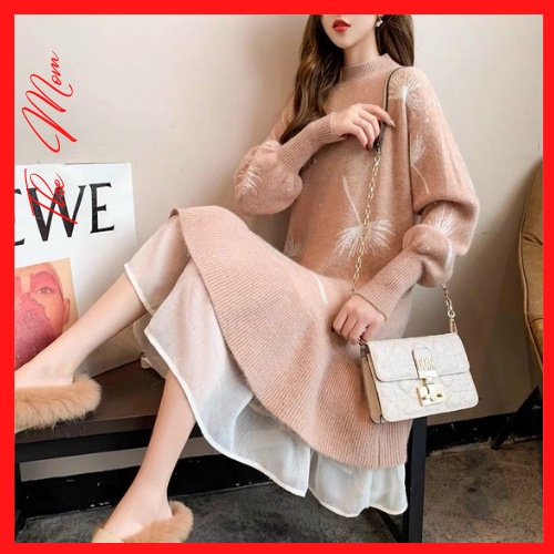 Váy Bầu Đầm Bầu LEN, Váy Len Bầu Thu Đông Dáng Dài Hàng QUẢNG CHÂU CAO CẤP Phong Cách Ulzzang Hàn Quốc
