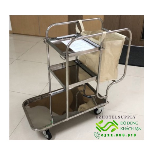 Xe Đẩy Dọn Vệ Sinh Khung Inox Túi Vàng, Xe Dọn Vệ Sinh Đa Năng