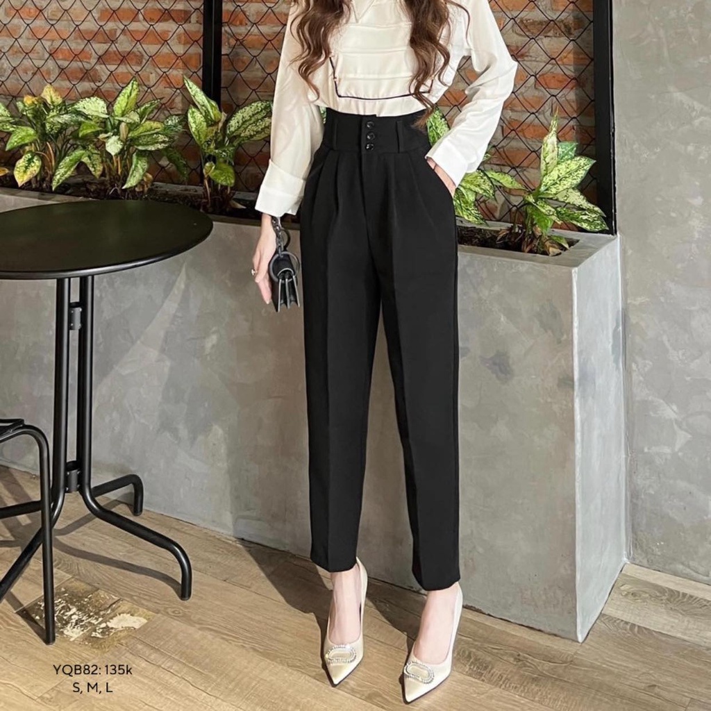 Quần tây baggy nữ cạp cao đi học 3 khuy form đen rộng Dáng quần tây đi học lưng cao nữ công sở cạp có đai vải tuyết mưa