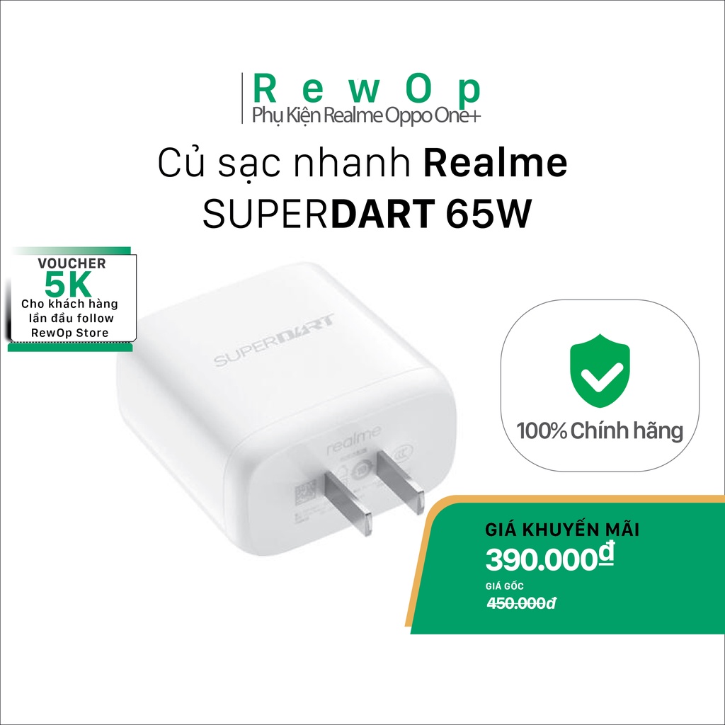 Củ Sạc Nhanh Realme SuperDart 65W | Đầu ra USB: 10V - 6.5A | Hàng zin bóc máy.