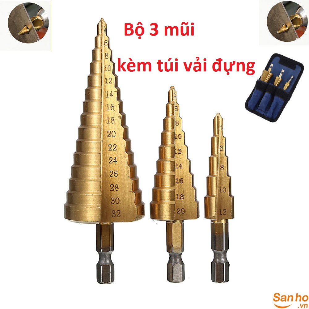 bộ 3 mũi khoan bước phủ titan siêu cứng,đường kính 4-32mm - Khoan được nhiều cỡ lỗ trong 1 mũi khoan