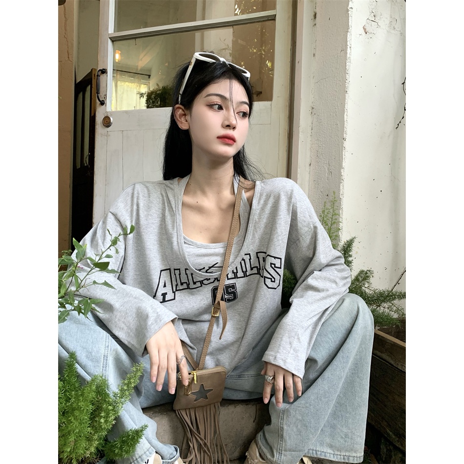 Set Áo Thun Dài Tay In Chữ Và Áo Hai Dây Phong Cách Cổ Điển Dành Cho Nữ