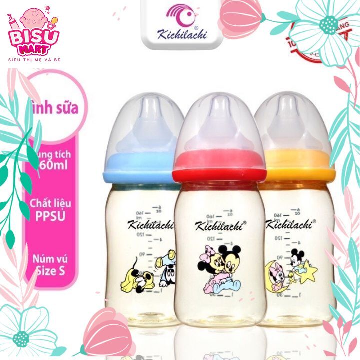 Bình sữa cổ rộng Kichilachi PPSU Plus hình Mickey 160ml/240ml núm ty siêu mềm