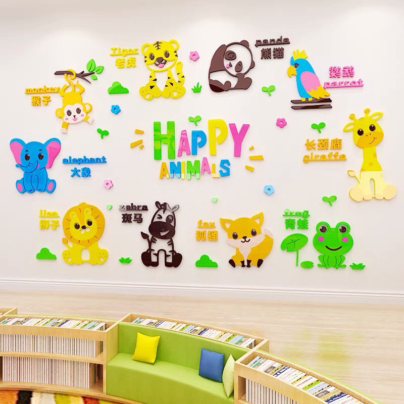 Tranh dán tường Mon Mon - Decal mica happy animail, thế giới động vật, cùng bé học Tiếng Anh với các con vật