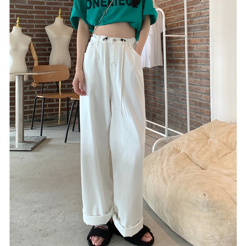 Quần Jean Dài Lưng Cao Ống Rộng Thời Trang Cá Tính Cho Nữ