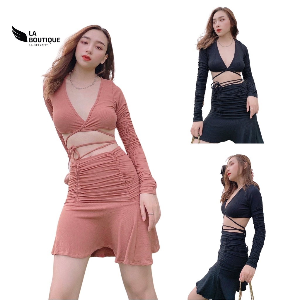 Áo Croptop Tay Dài Đắp Chéo, Freesize, Thun Gân 4 Chiều Cao Cấp La Boutique