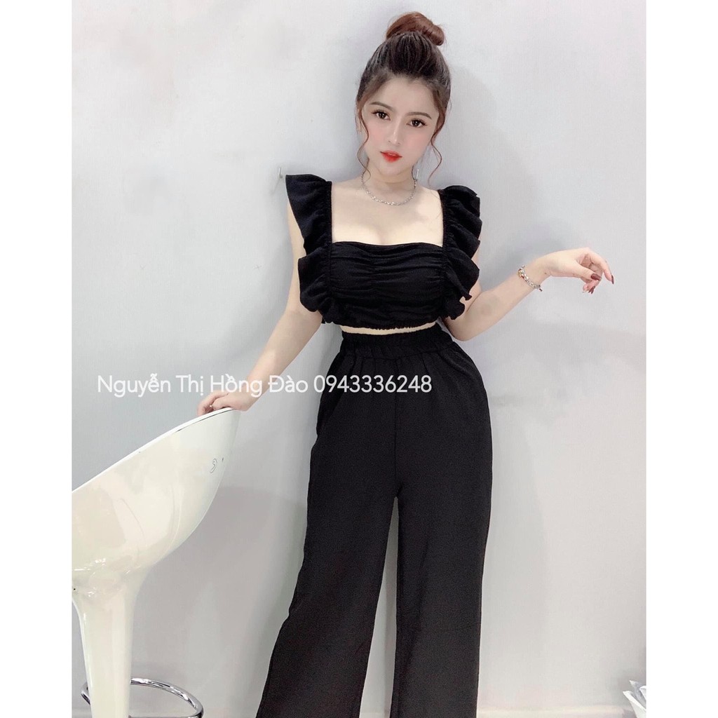 Sét Áo Croptop Phối Tay Cánh Tiên Thân Nhún Kết Hợp Quần Dài Ống Rộng Xin Xò TTS1005