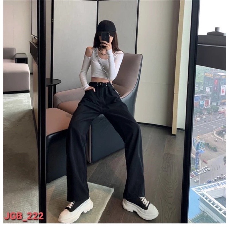 Quần jeans suông cotton cạp cao kèm khuy cài eo phom rộng dễ mặc