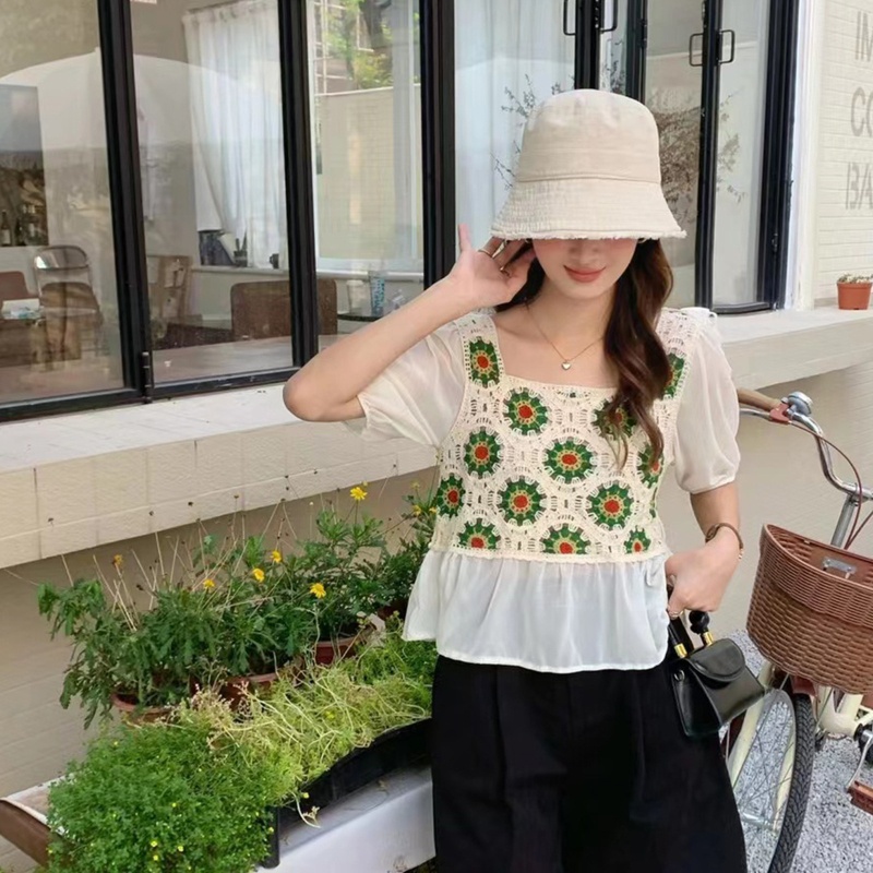 Áo Chiffon Cổ Vuông Tay Phồng In Họa Tiết Hoa Thời Trang Cho Nữ