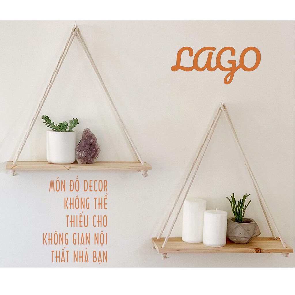 Kệ gỗ thông treo tường dây thừng  30x10 cm, 1 tầng [LAGO] decor trang trí nhà cửa phong cách Bắc Âu