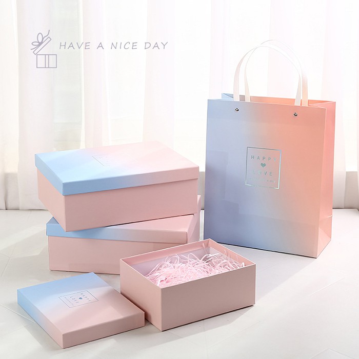 Hộp đựng quà cứng hình chữ nhật kèm giấy rơm, túi quà phối màu xanh hồng | BigBuy360 - bigbuy360.vn