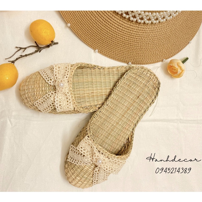 đi trong nhà gắn nơ nữ tính, Sục cói nữ Vintage dép đi biển