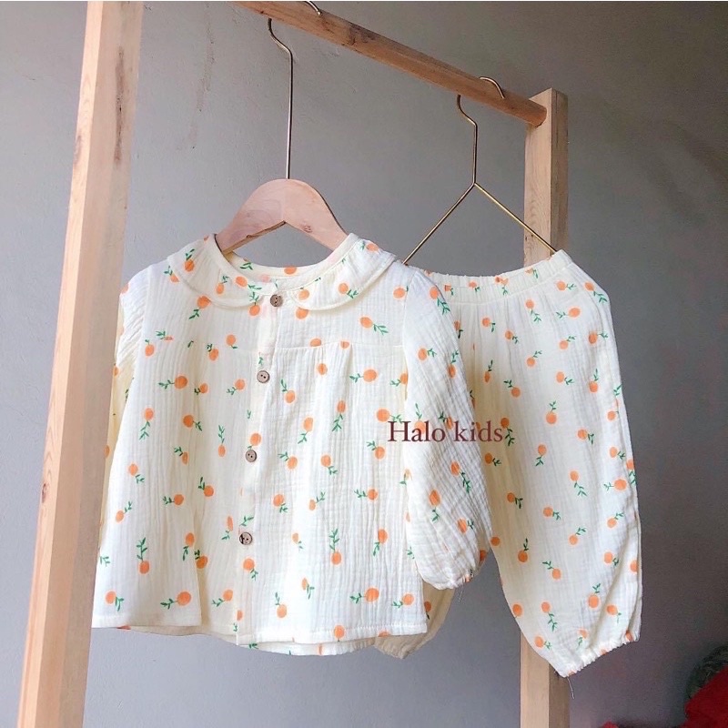 vải xô muslin hình quả quýt cam nền be xô 2 lớp loại 1 mềm mịn