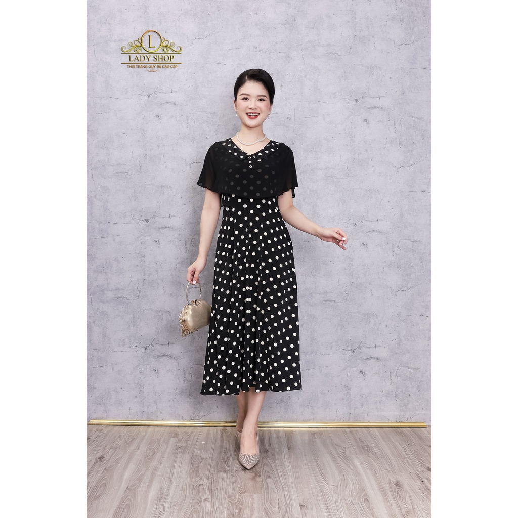 Đầm thun lụa phủ vai chấm bi Ladyshop thời trang trung niên cao cấp TK967