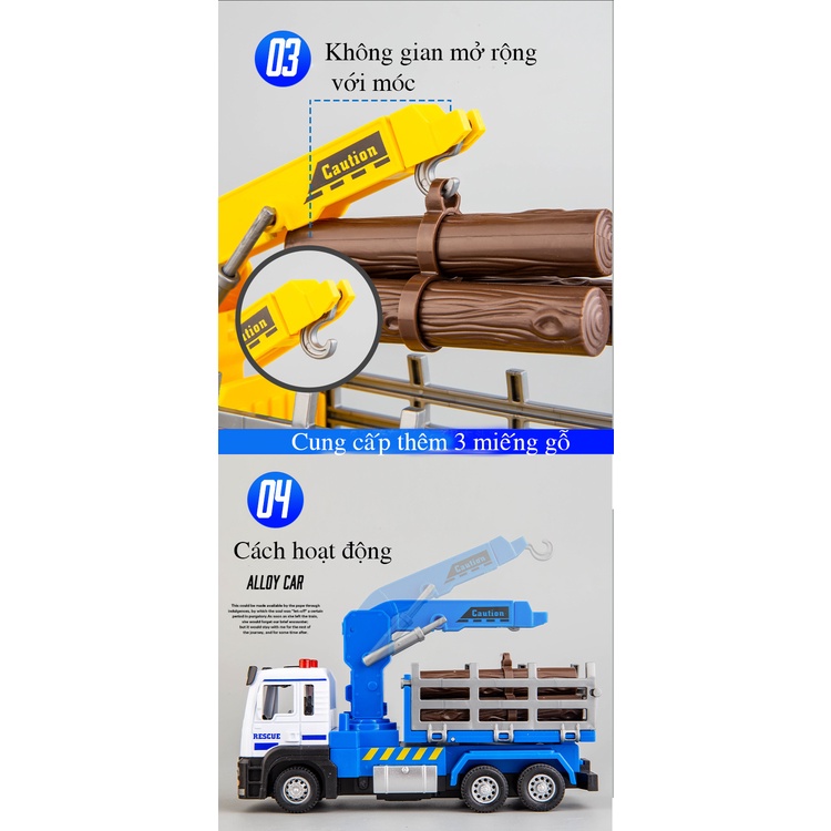 Đồ chơi xe ô tô vận chuyển gỗ bằng hợp kim nguyên khối có nhạc và đèn chạy cót