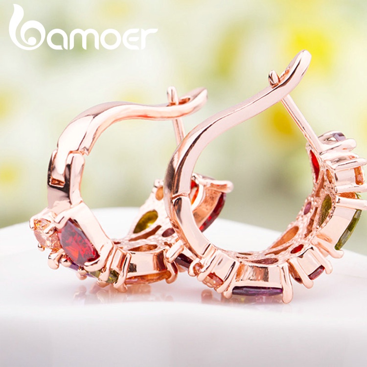 Bông tai Bamoer JIE019 tạo hình hoa với pha lê hồng  vàng thời trang thích hợp làm quà tặng cho trẻ em gái và phụ nữ